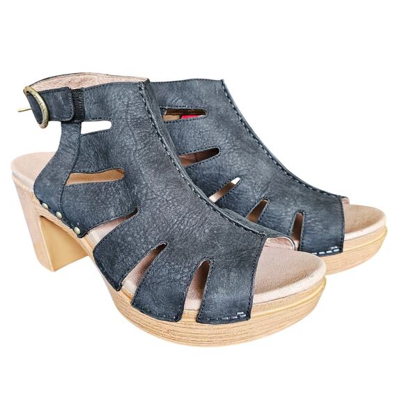 NWB Dansko Demetra Black Milled Nubuck Platform Heels Sandals 9.5 10 - Picture 1 of 12